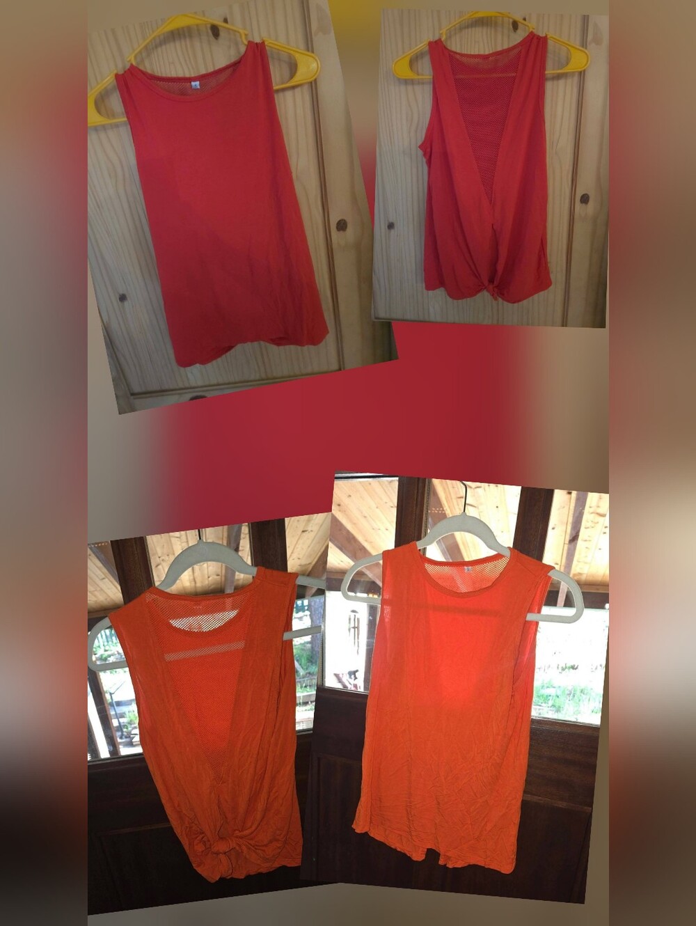 2 Tank Tops Orange & Coral Red Sleeveless Mesh Back Tie Front  Bundle Size Small